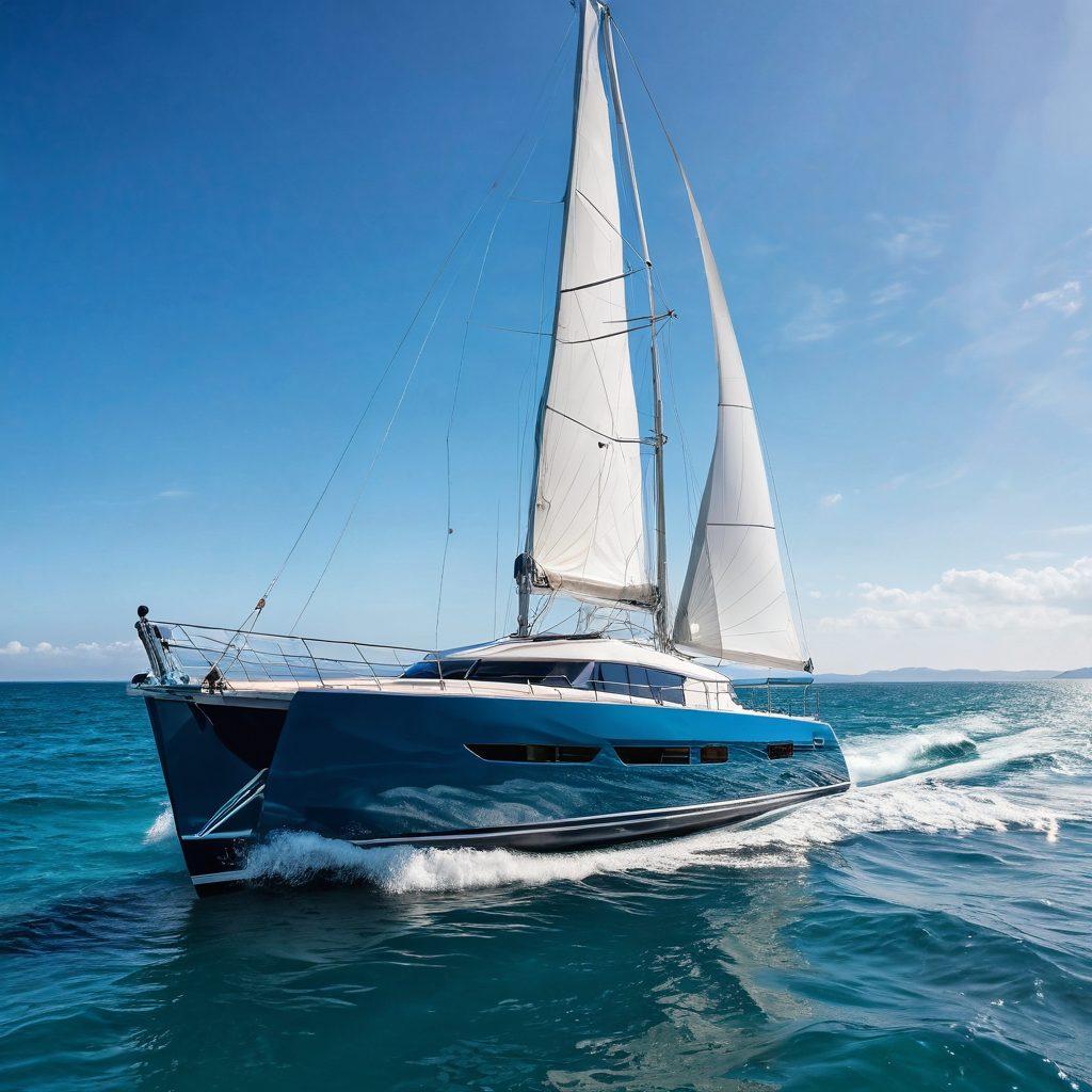 A serene yacht gliding over crystal-clear blue waters, with open ocean waves gently lapping at its hull. The yacht is adorned with luxury features like a sunbathing deck and sleek sails, symbolizing freedom and adventure. In the background, a sunny horizon reflects the benefits of securing yacht insurance. Add floating infographic elements showcasing essential coverage details like liability, theft, and storm damage. vibrant colors. super-realistic.