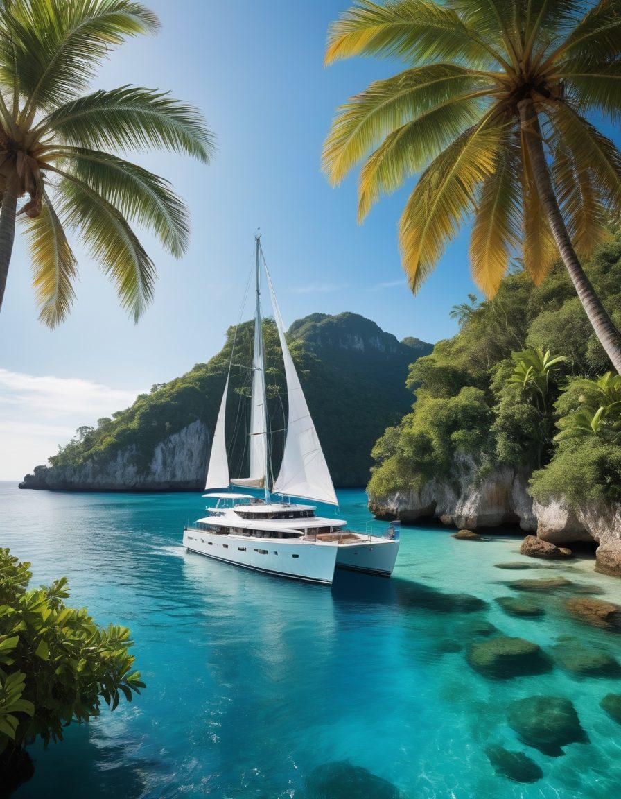 An elegant yacht sailing gracefully on calm blue waters under a clear sky, surrounded by lush tropical islands. In the foreground, illustrate a diverse group of people enjoying their day on the yacht, showcasing joyful moments of relaxation and safety. Include visual elements representing comprehensive yacht coverage, like floating policy documents and icons of protection (e.g., shield, umbrella). The scene should inspire a sense of adventure while emphasizing security and leisure. super-realistic. vibrant colors. white background.
