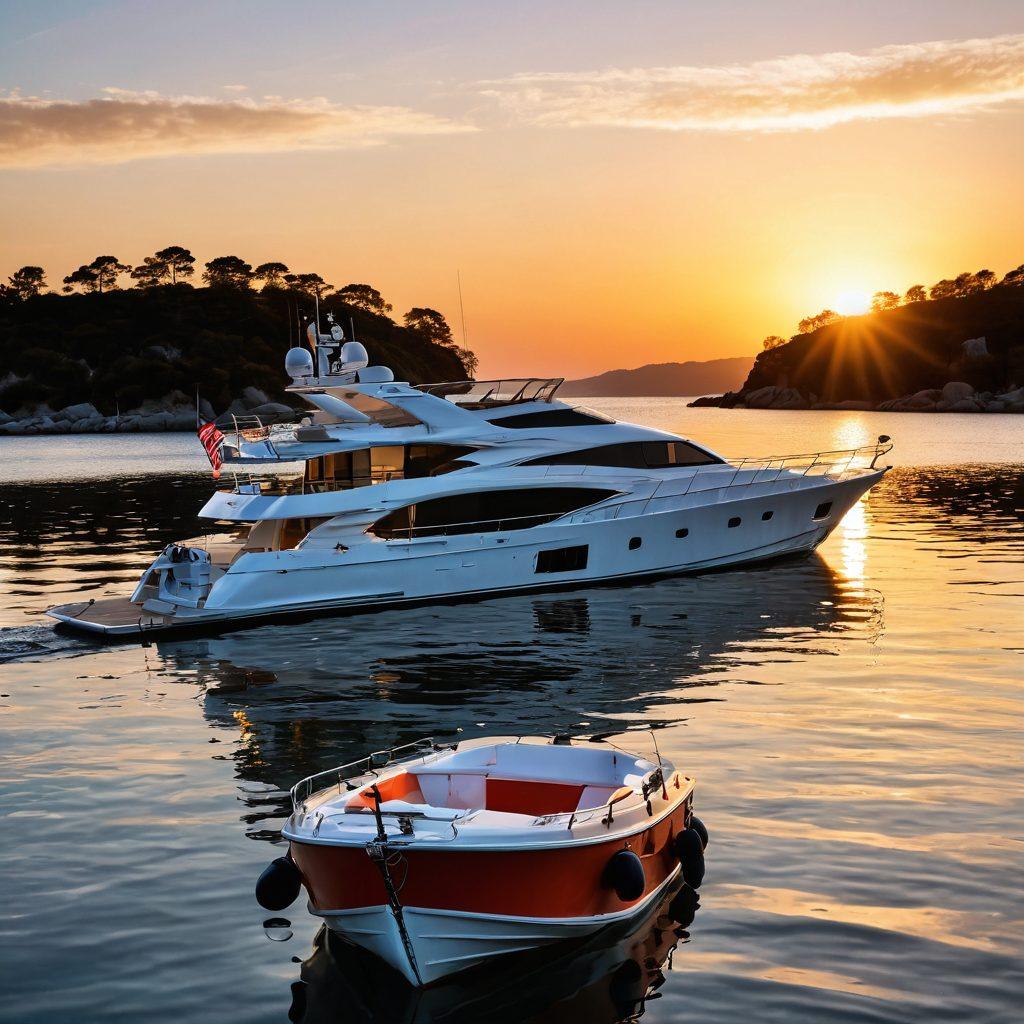A serene harbor scene showcasing a luxurious yacht surrounded by gently rippling waves, with lifebuoys and safety equipment prominently displayed. The sun sets in the background, casting a warm glow, emphasizing the importance of marine protection for vessels. Include silhouettes of various marine life swimming nearby, symbolizing a healthy ecosystem. Create a sense of tranquility and safety. super-realistic. vibrant colors. 3D.